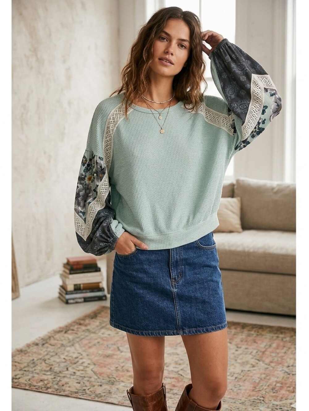 Free People Mint Clash Waffle Knit Boho Balloon Patchwork Top